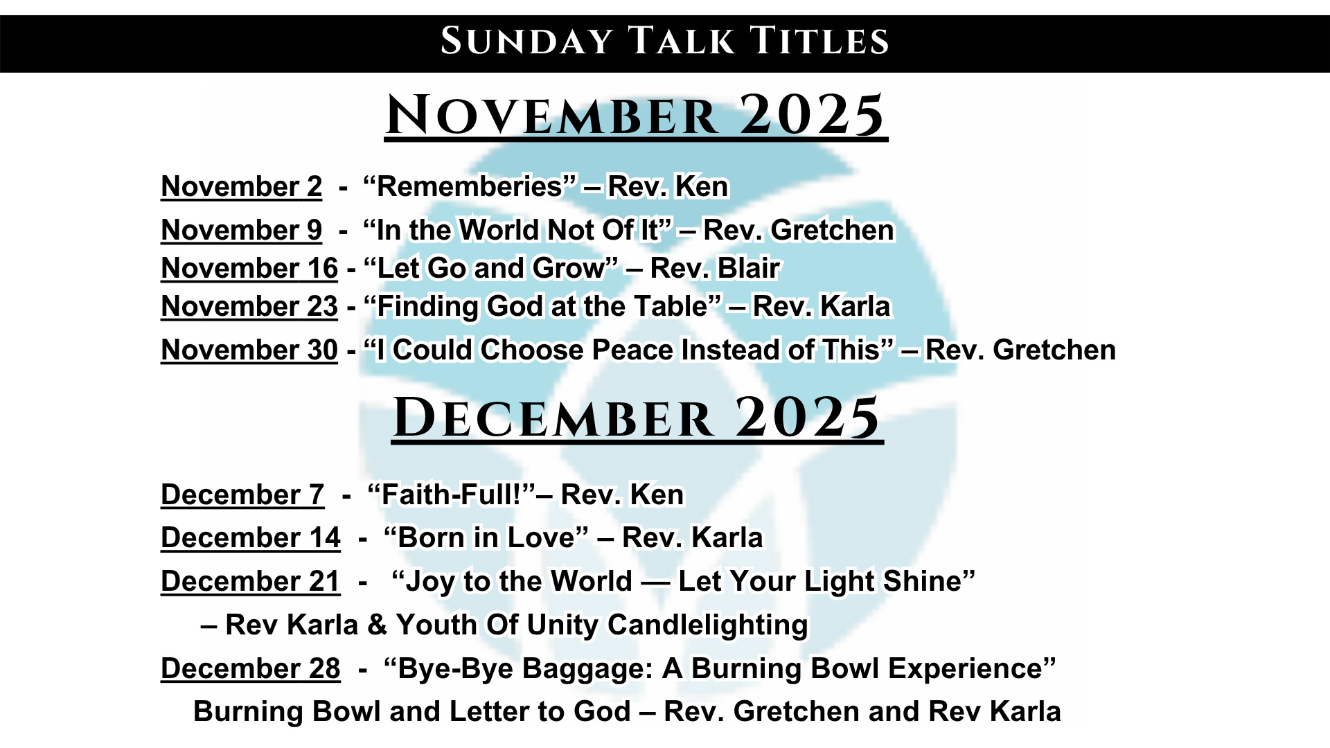 November December Sunday Talk Titles